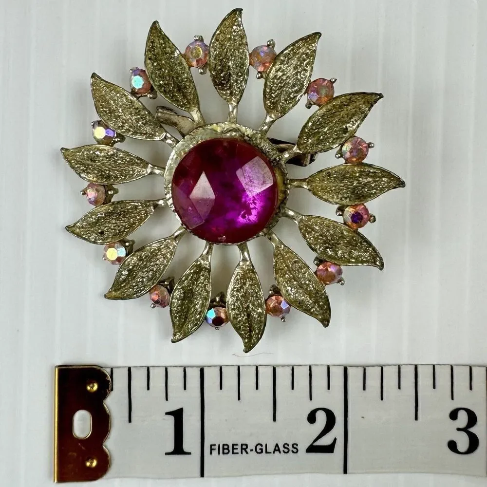 Vintage Pink Rhinestone Sunburst Brooch Gold Tone Floral Statement Pin